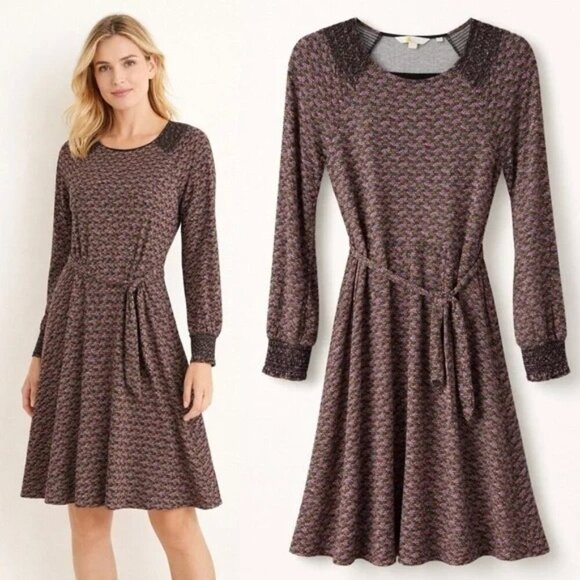 Boden Grace Smocked Jersey Long Sleeve Dress Black Water Lillies Size 12R - Picture 2 of 11